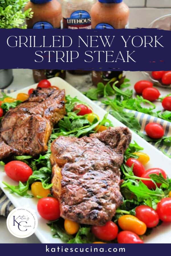 White platter with steak and salad with recipe title text on image for Pinterest.