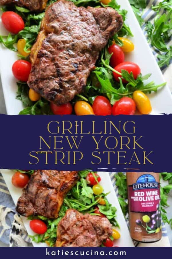 two different views of steak and salad with recipe title text on image for Pinterest.