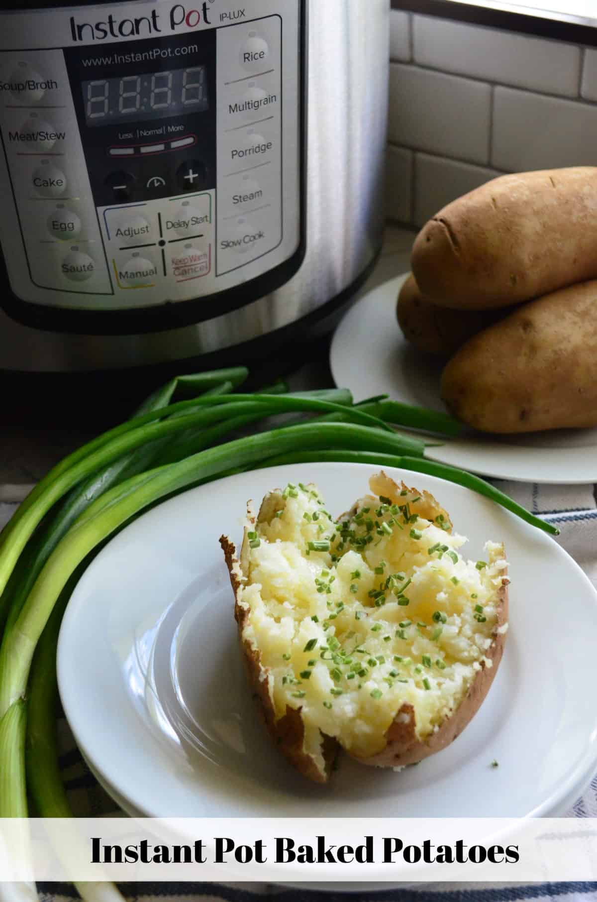 Plated baked potato topped with chives in front of whole chives and instant pot with title text.