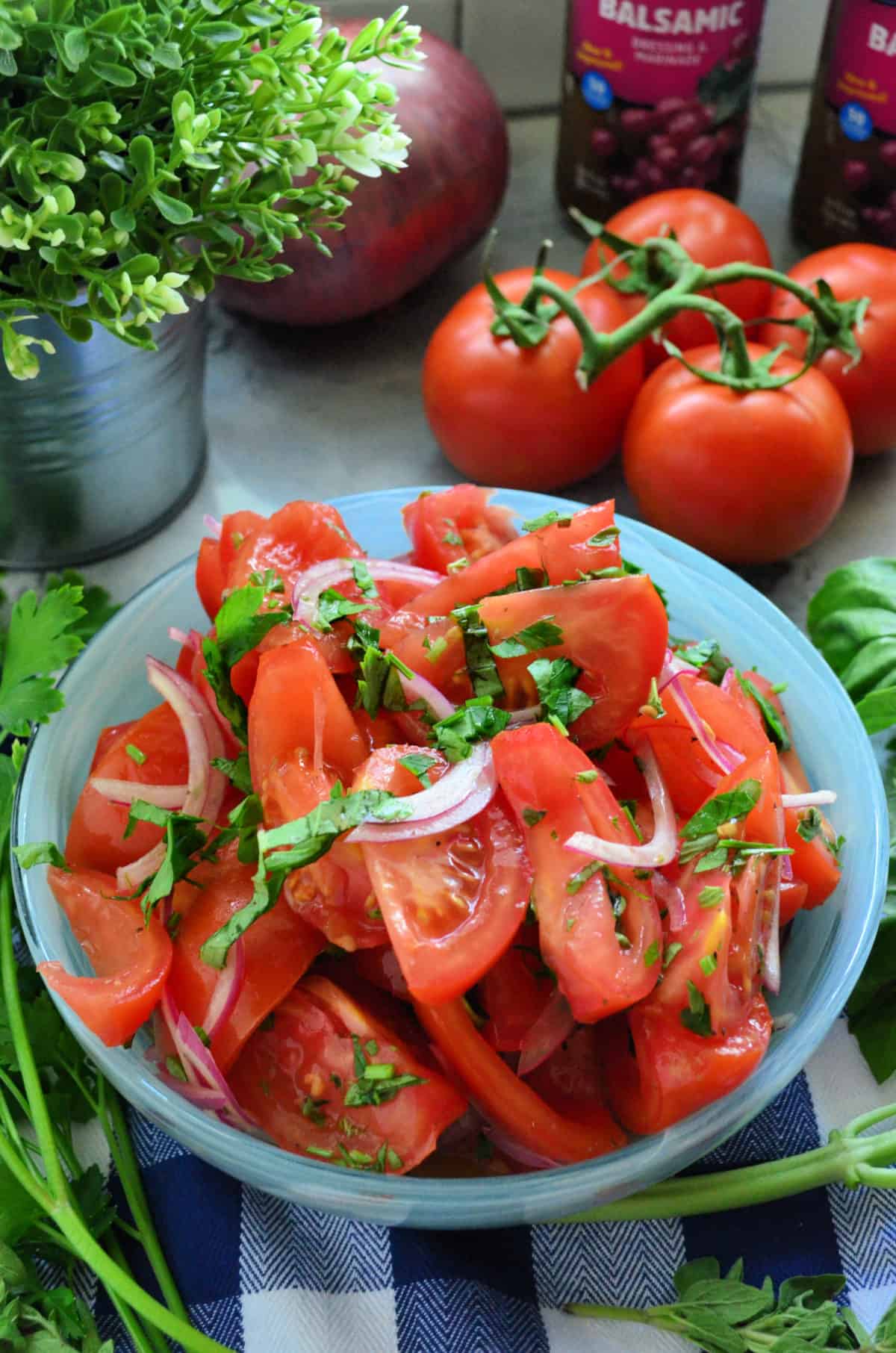 sliced tomatoes, red onion, basil, and dressing in bowl in front of fresh tomatoes and red onions.