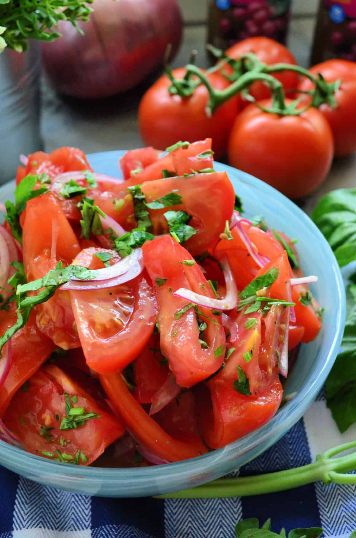 sliced tomatoes, red onion, basil, and dressing in bowl with tomatoes and red onion blurred in background.