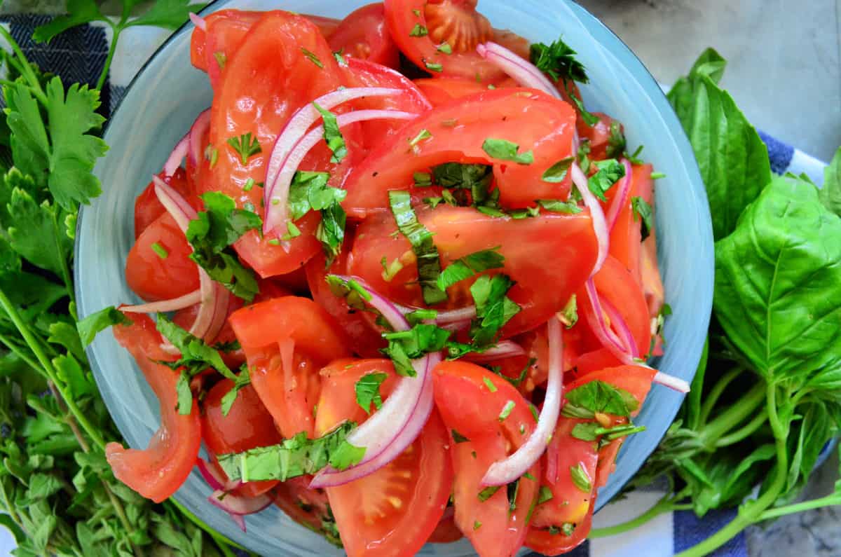 Closeup top view of tomato, onion, and basil salad next to fresh basil.