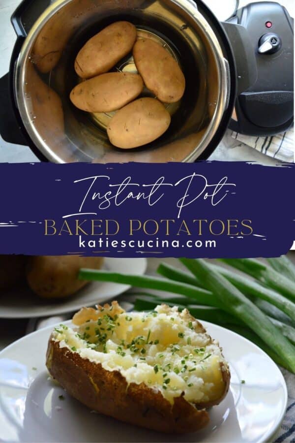 Two photos: top of Instant Pot of baked potatoes, bottom of fluffed potato.