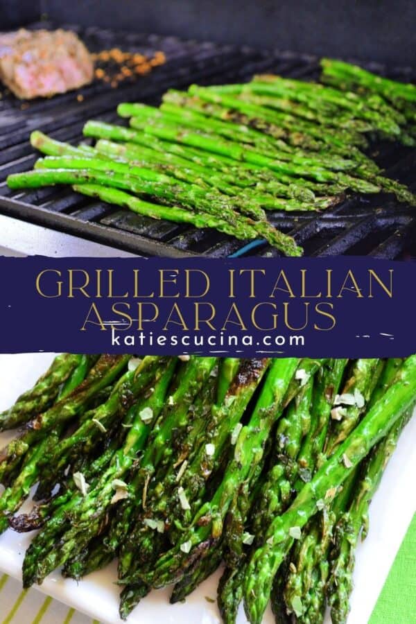 Two asparagus photos on grill split by recipe title text on image for Pinterest.