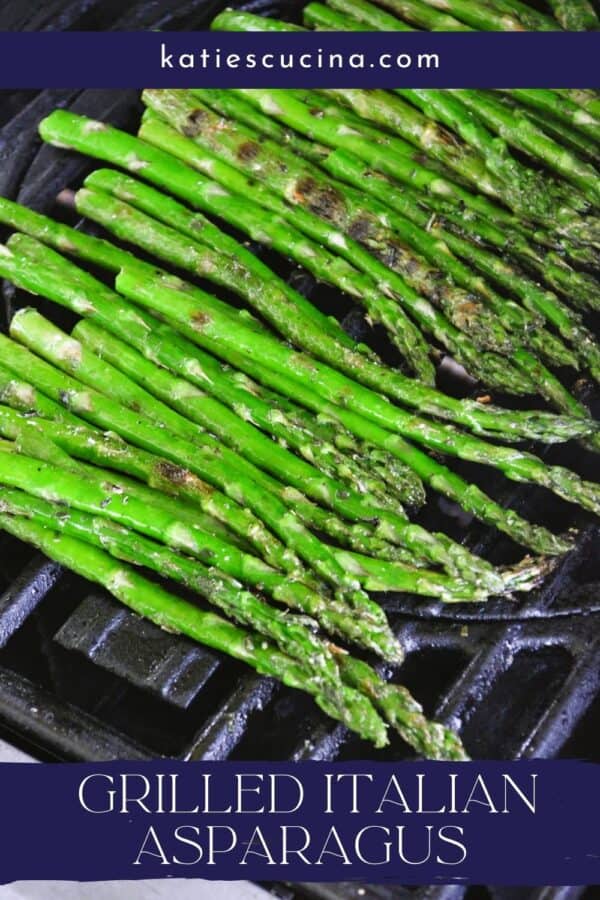 Top view of asparagus on a grill with title text on image for Pinterest.