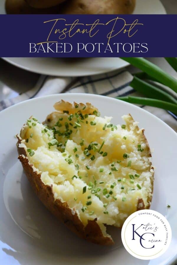 One potato topped with butter and chives with text on image for Pinterest.