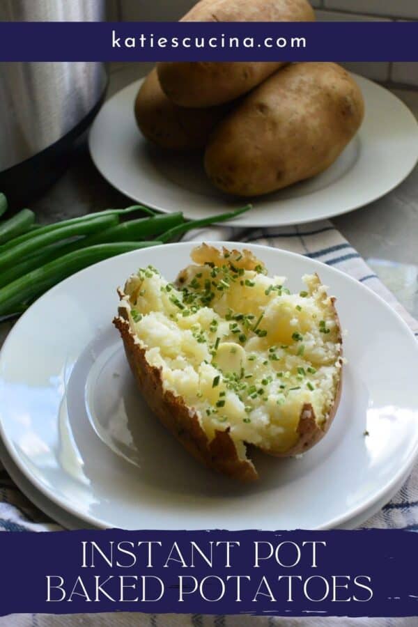 Butter and chive topped baked potato with text on image for Pinterest.