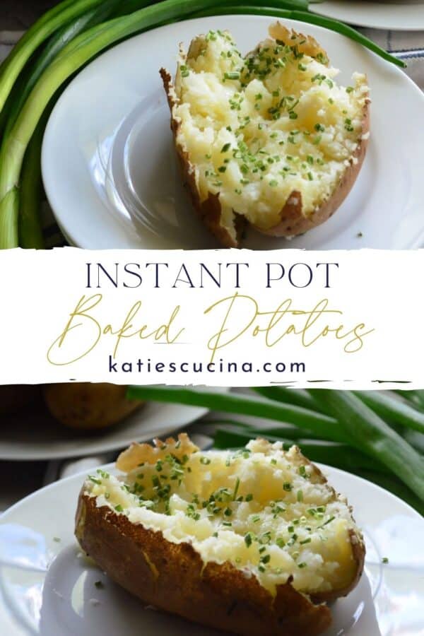 Two photos of baked potatoes split by text.