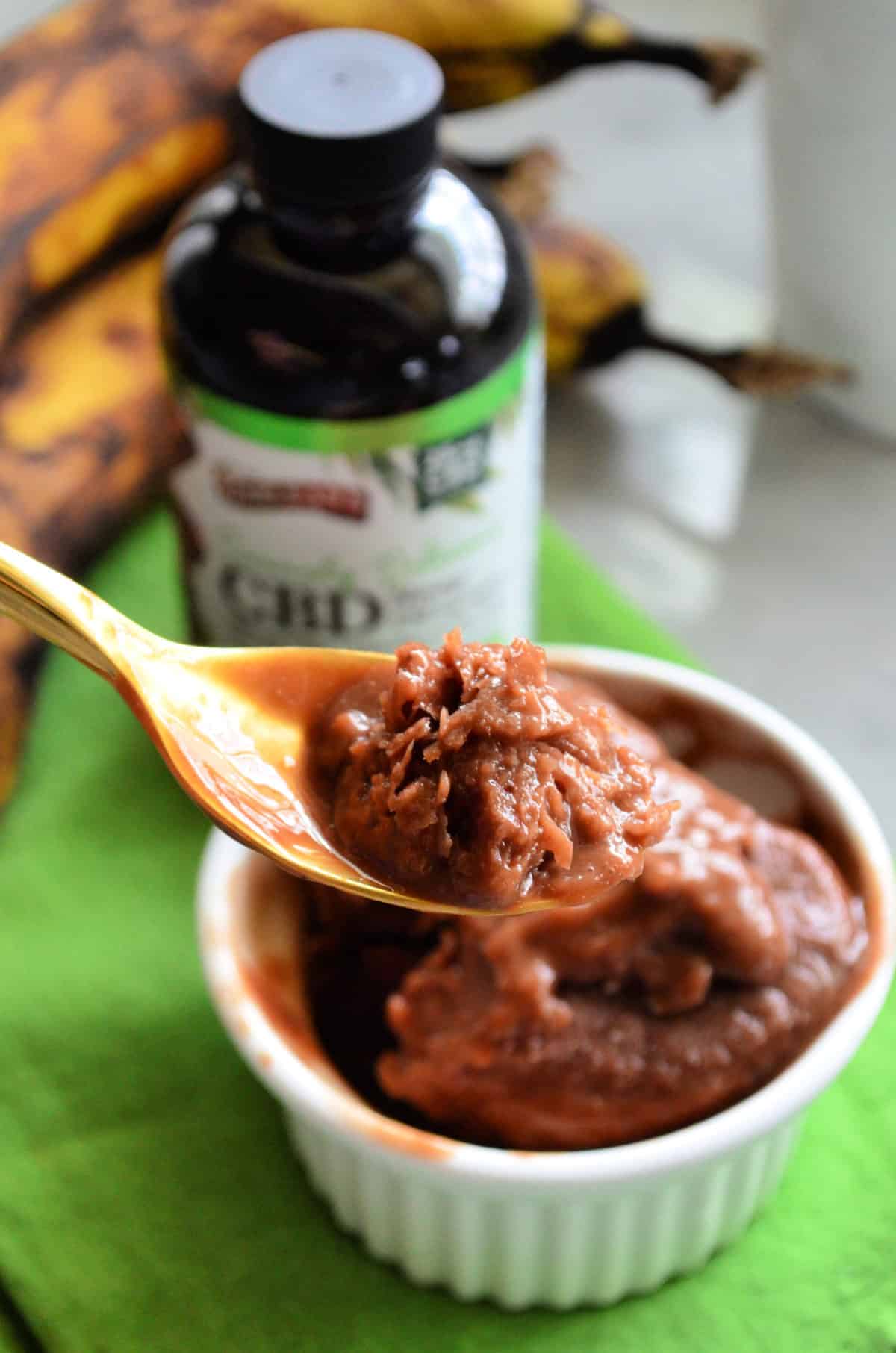 spoon with small scoop of chocolate ice cream with ice cream bowl and cbd oil blurred in background.