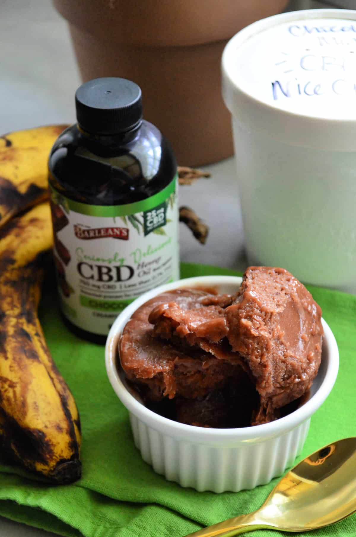 Small bowl of chocolate ice cream in front of CBD oil bottle, bananas, and pint.