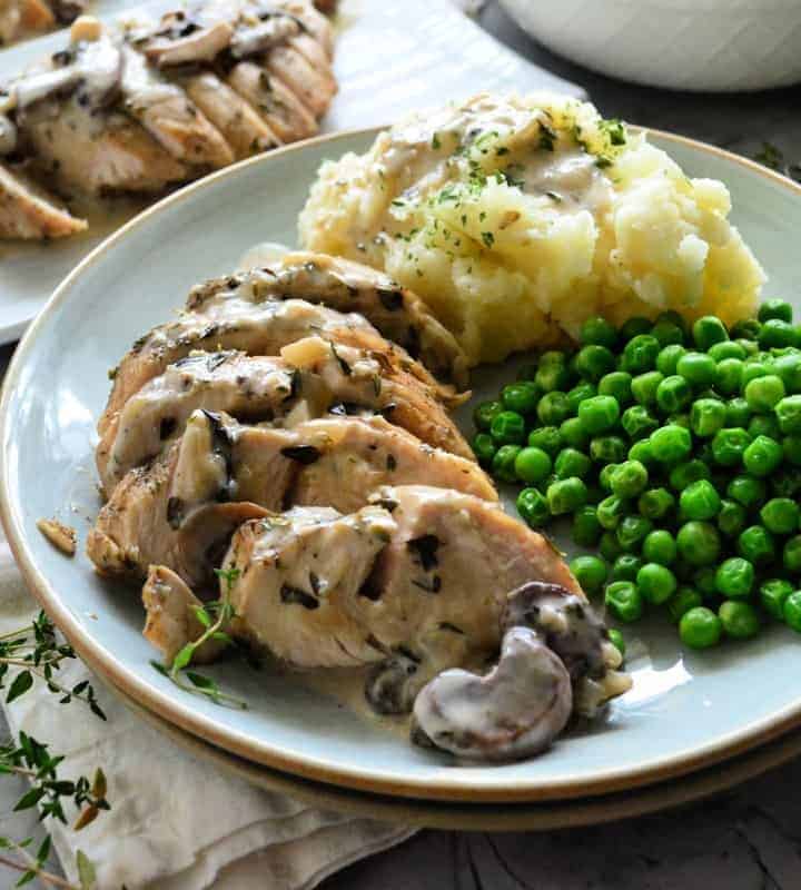 Plated turkey smothered in gravy and mushrooms with green peas and mashed potatoes.