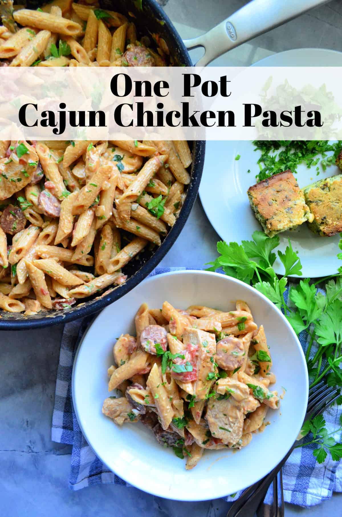 Plated Penne pasta with white sauce, herbs, meat next to pan pasta with pinterest title text.