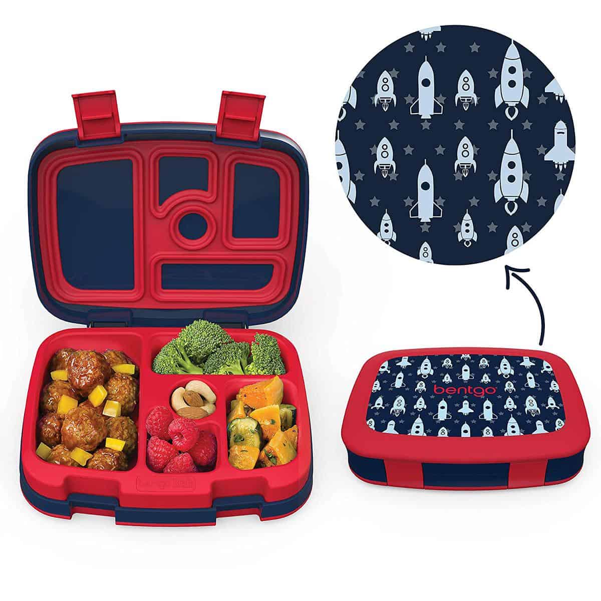 Closeup of inside of Bentgo Space Rockets lunchbox showing 5 food compartments.