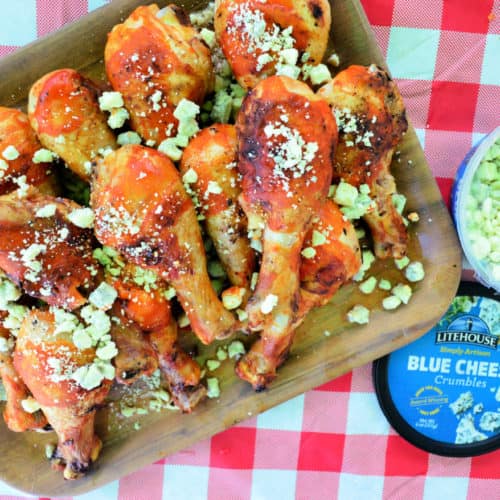 Grilled Buffalo Chicken Drumsticks with Blue Cheese Crumbles