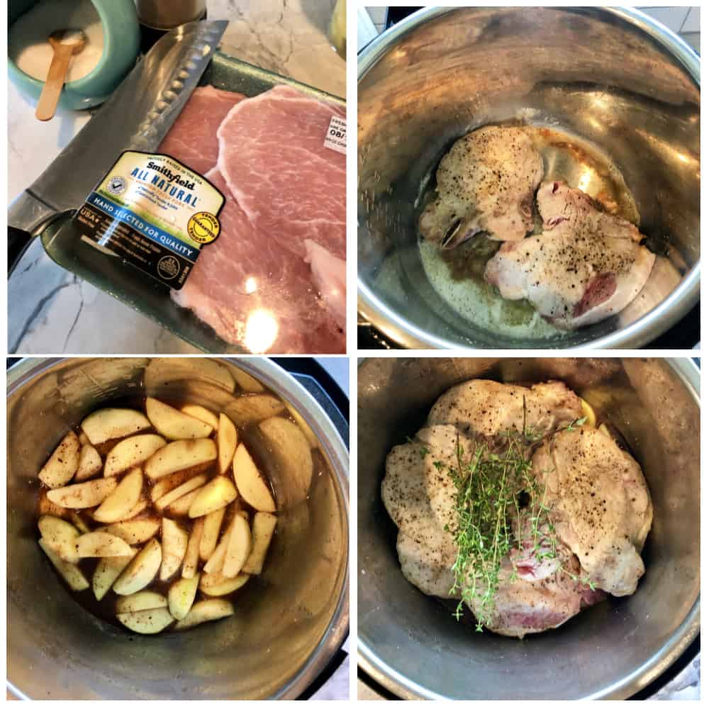 4 photo collage of process of pork chops and apples cooking in instant pot.
