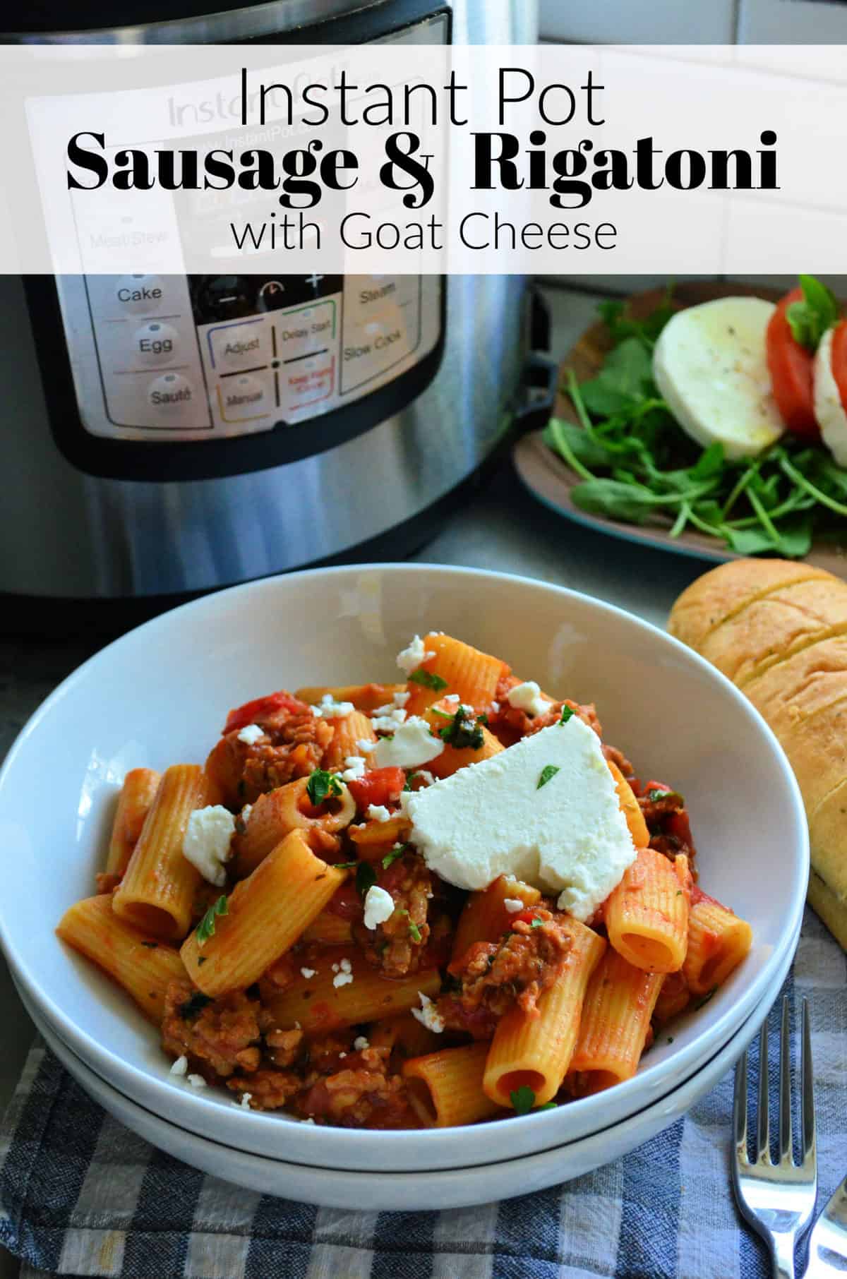 Plated Rigatoni noodles with meaty red sauce, basil, and cheese in front of instant pot with title text.