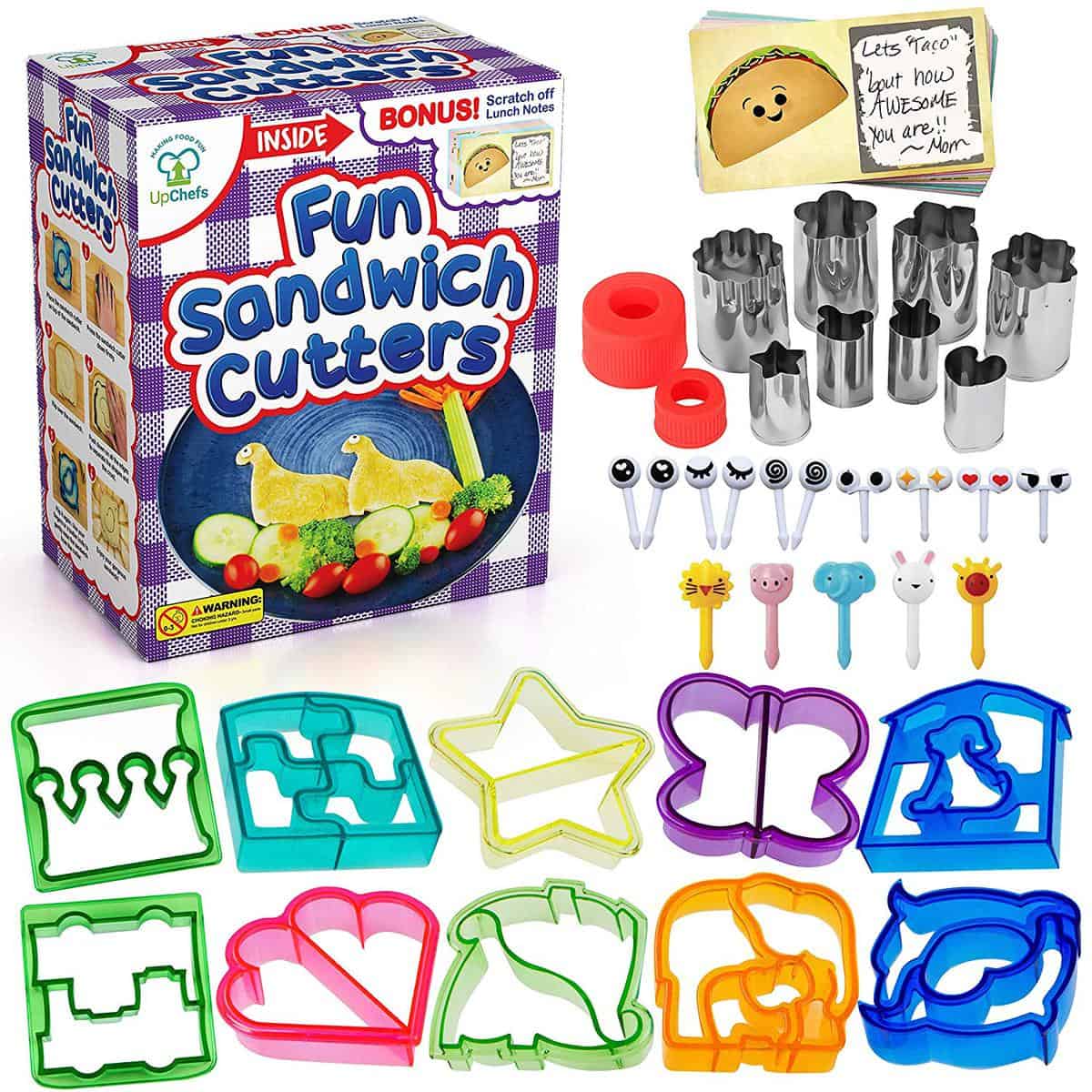 UpChefs Sandwich Cutters for kids box and items laid out with white background.