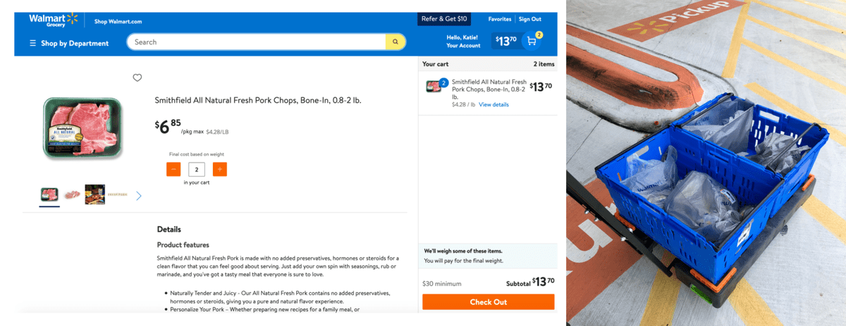 Screenshot of purchasing smithfield's porkchops from walmart online.