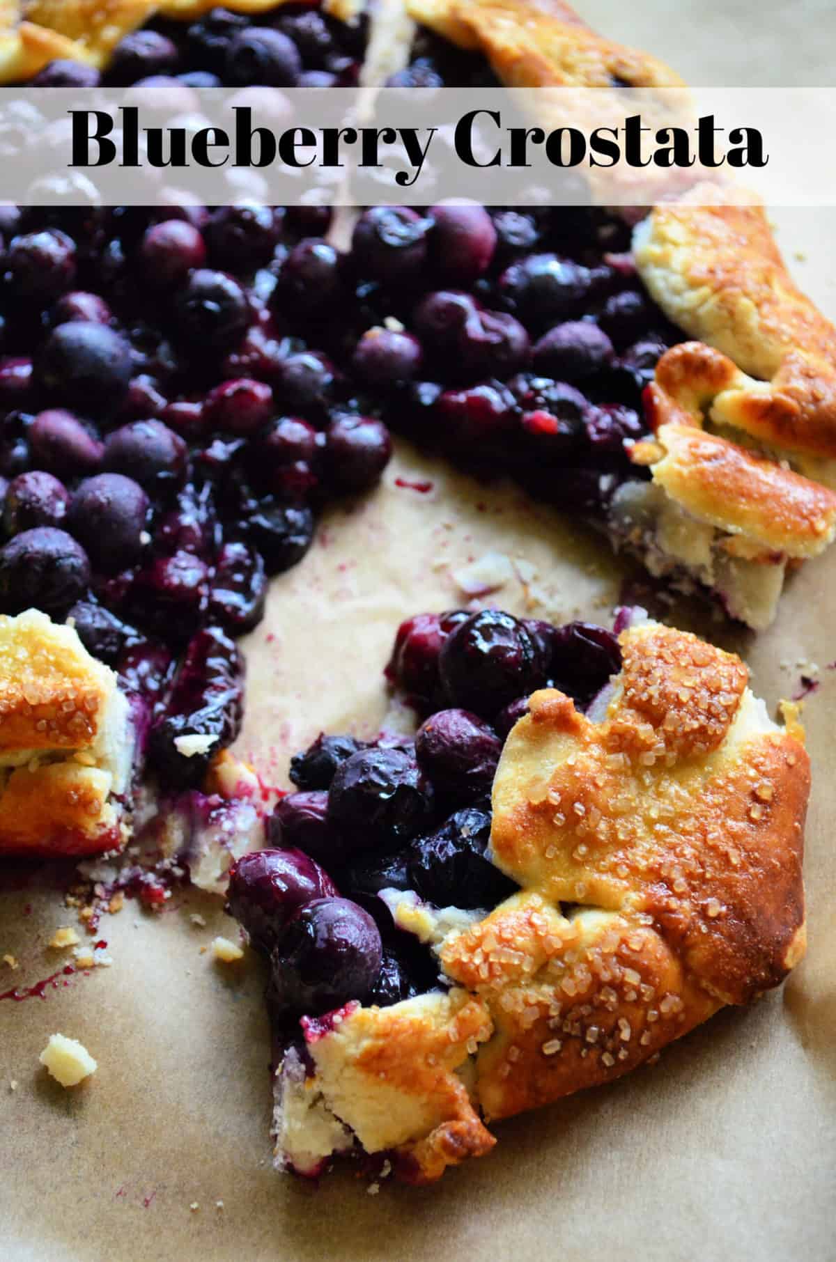 Close up of cooked blueberries in golden brown pastry crust with pinterest title text.