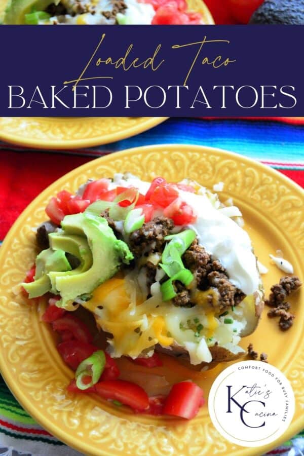 Yellow plate with a baked potato topped with ground beef, sour cream, cheese with recipe title text on image.