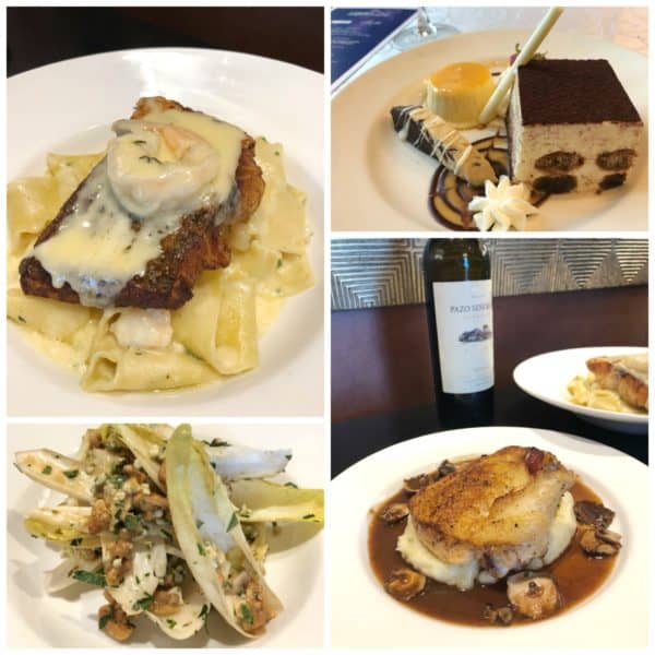 4 photo collage of appetizer, entree, dessert, and side dish at Gorte Grille at Reunion Resort.