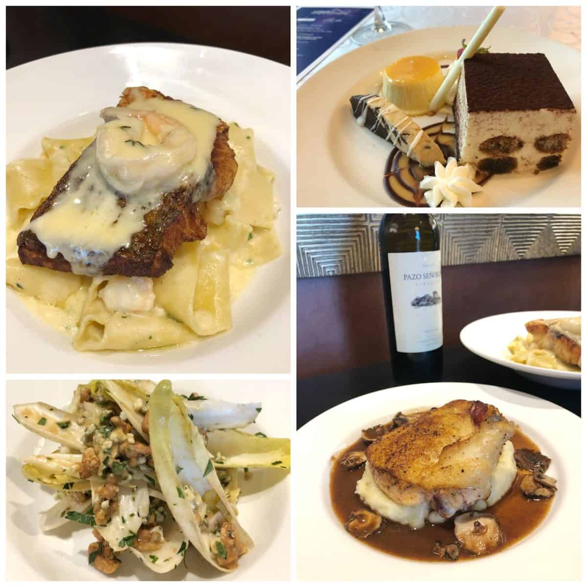 4 photo collage of dessert, appetizer, pasta dish, and fish dish.