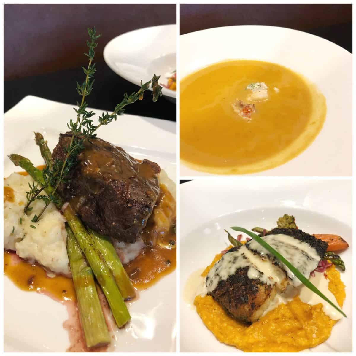 3 photo collage of steak over mashed potatoes with gravy and asparagus, soup, and fish.