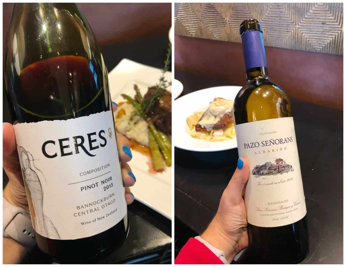 2 photo collage of Ceres Pino Noir wine and Pazo Senorans wine.