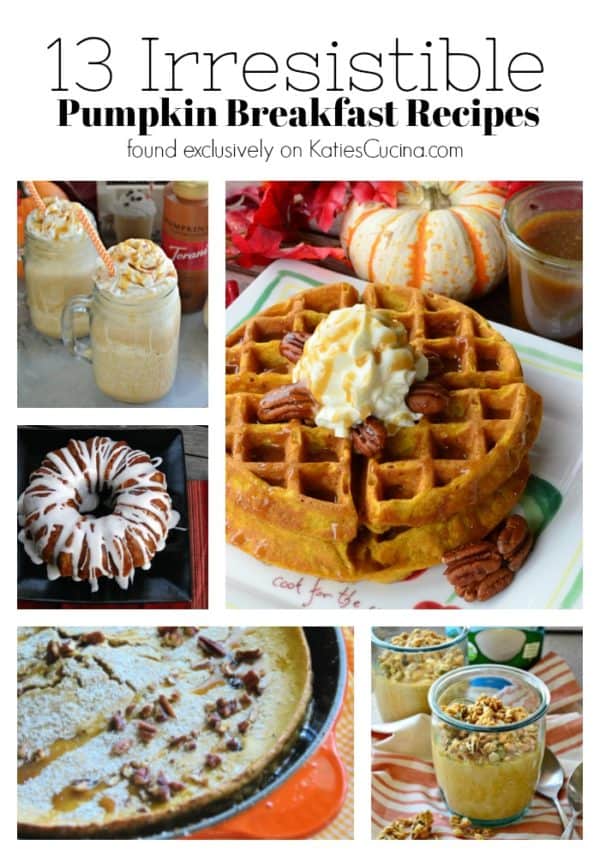 13 Irresistible Pumpkin Breakfast Recipes pinterest title text with photo collage.