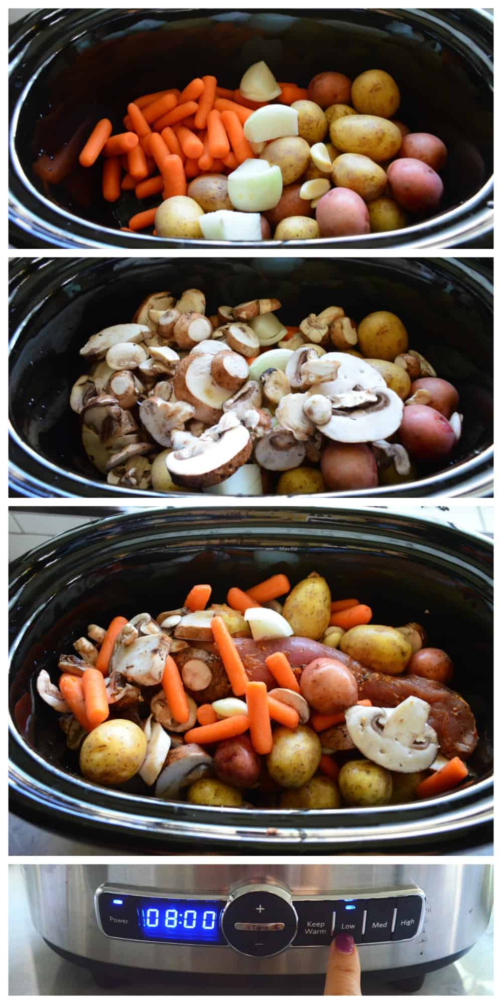 Process collage of carrots, onion, garlic potatoes, mushrooms, and tenderloin being added to slow cooker.