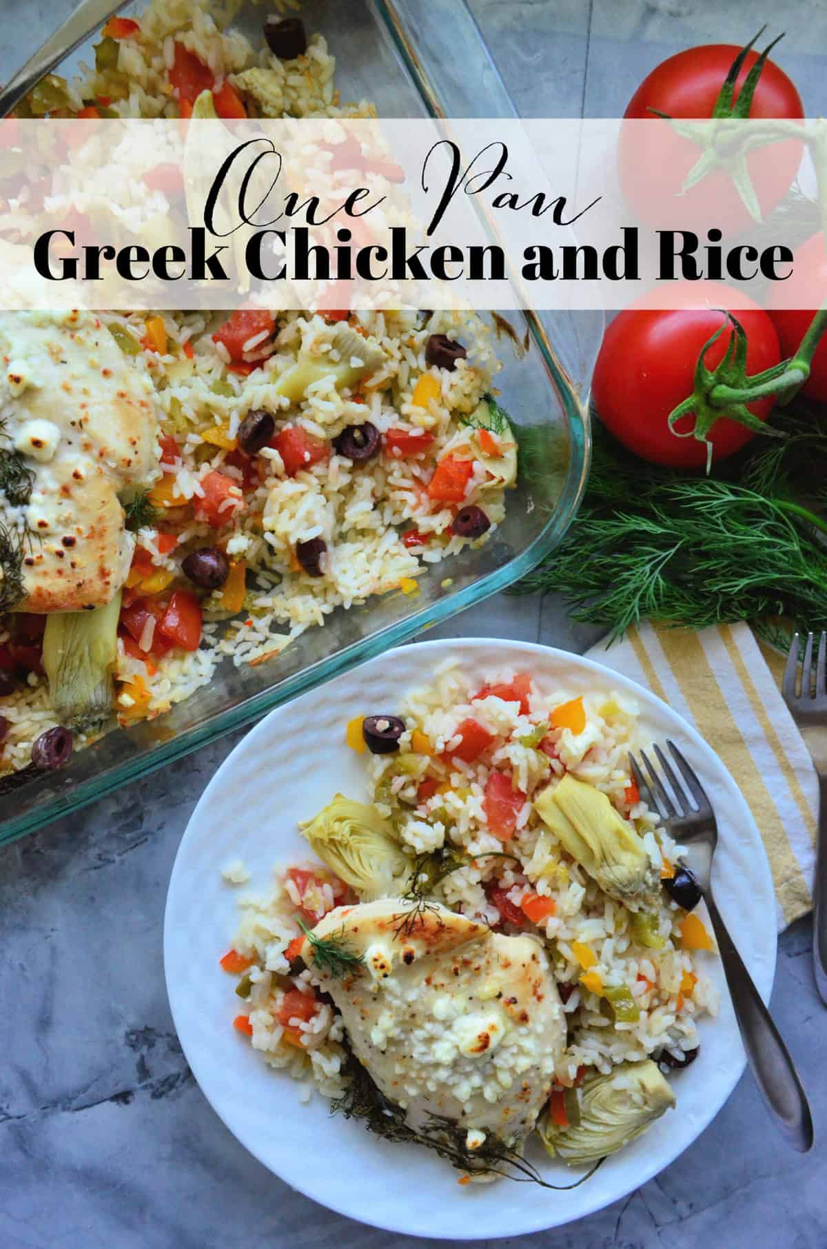 chicken over bed of rice with artichoke, bell pepper, kalamata, tomatoes, and dill with title text.