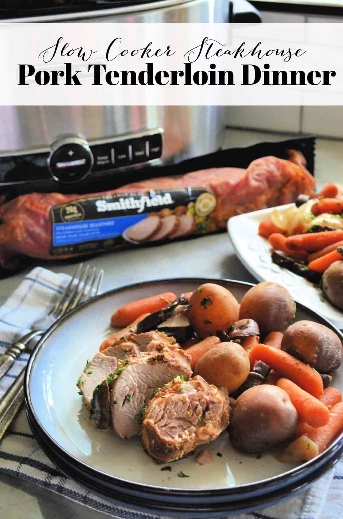 Sliced Pork tenderloin plated with vegetables in front of Smithfield tenderloin and instant pot with title text.