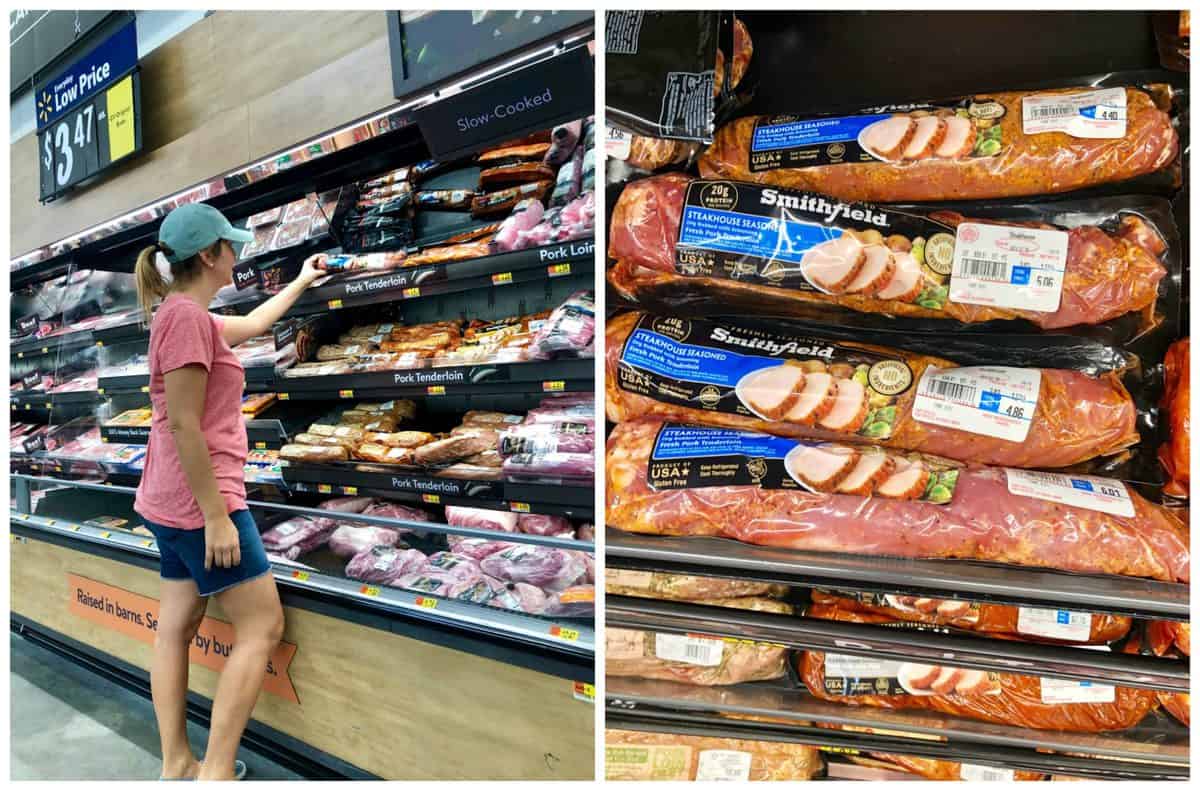 collage of Smithfield Steakhouse Pork Tenderloin at Walmart in aisle and closeup on shelf.