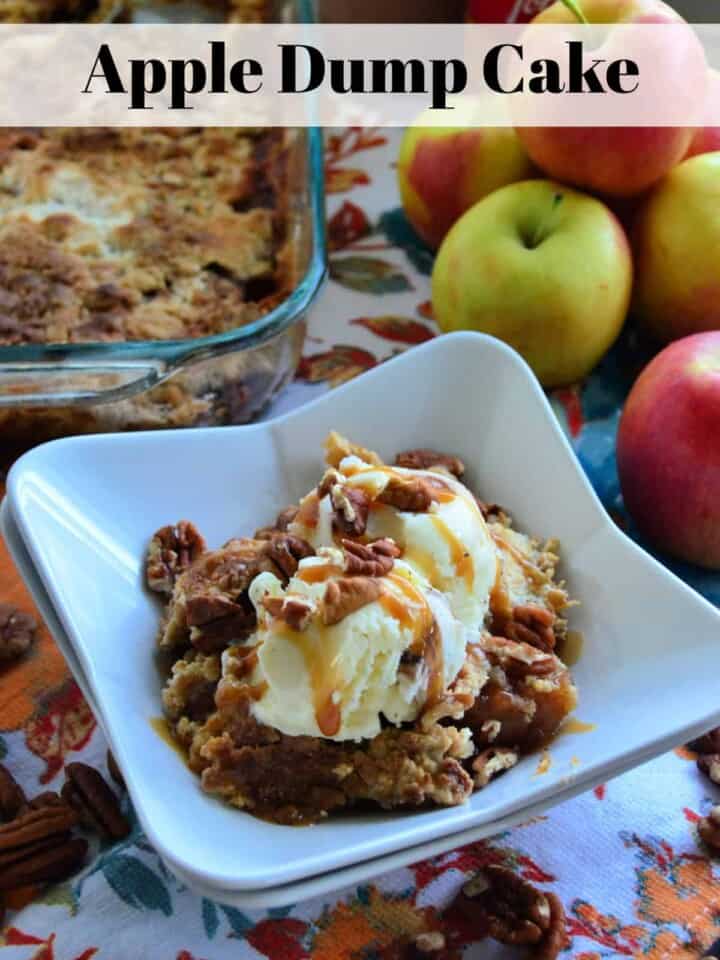 Bowl of cake topped with ice cream, pecans and drizzled caramel. Pinterest title text.