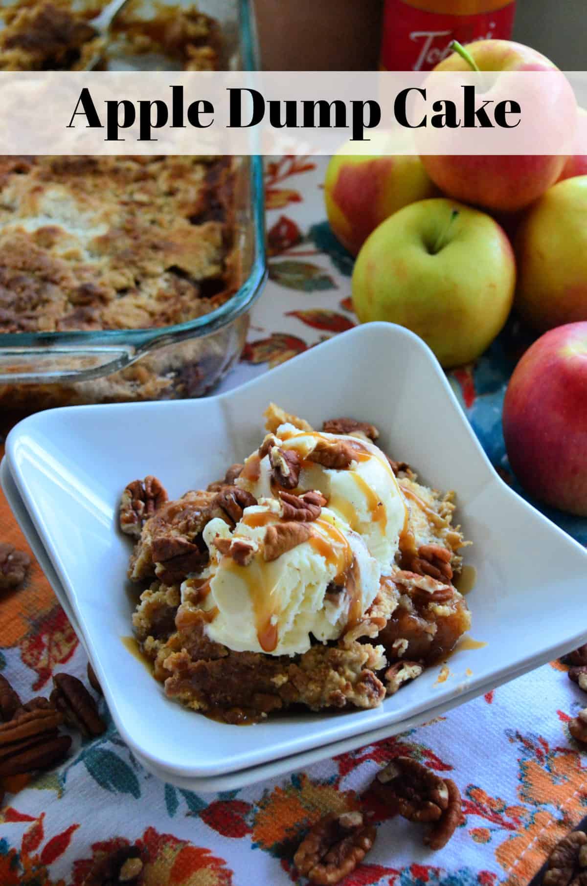 crumbled looking light brown cake with pecans topped with vanilla ice cream and caramel with title text.