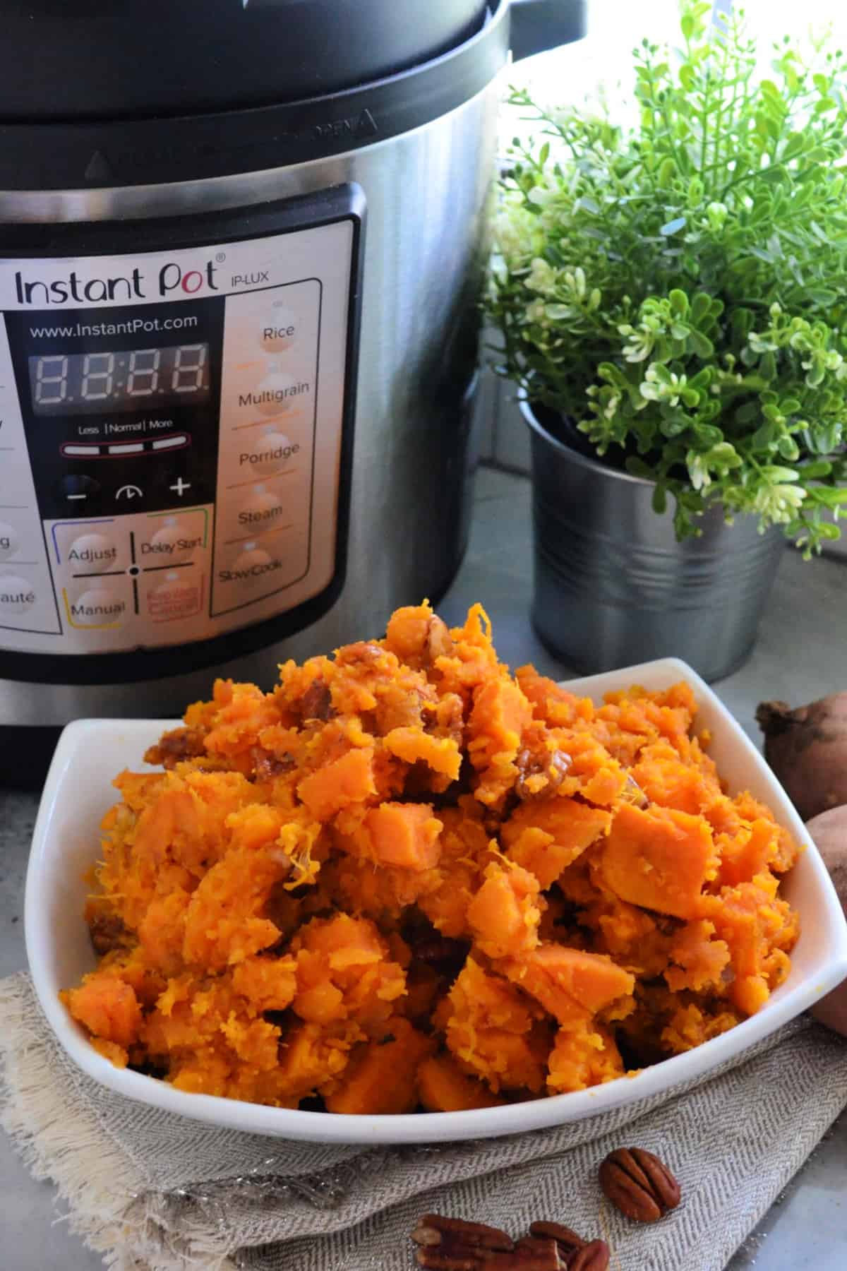 Dish of sweet potatoes near pecans in front of instant pot. 