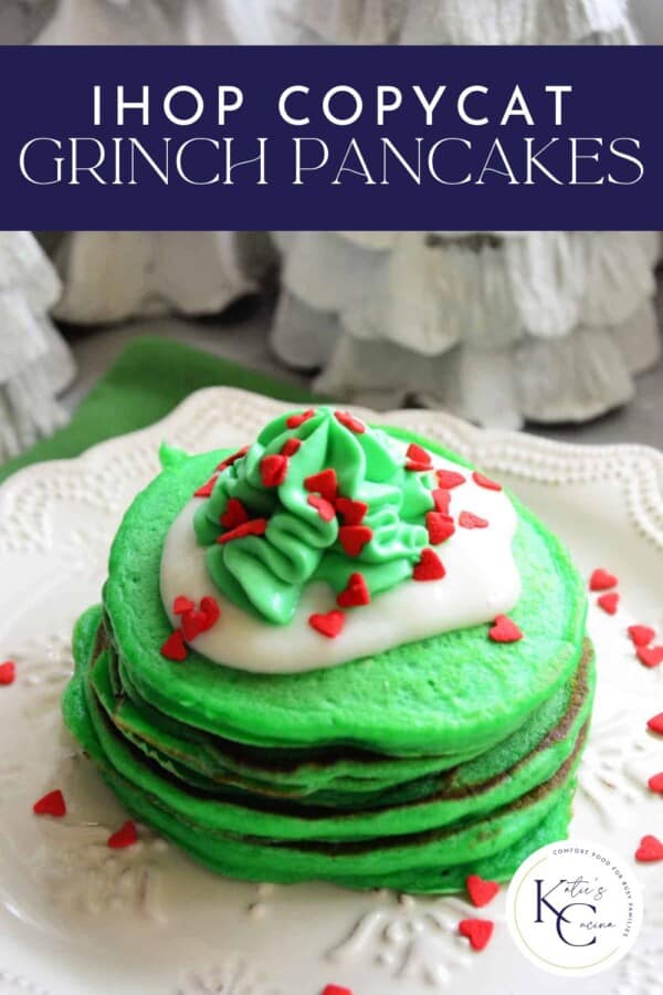 stack of green pancakes with whipped cream and frosting and red sprinkles with text on image for pinterest.