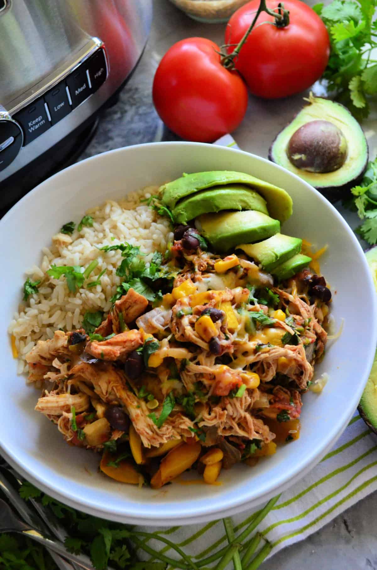 White bowl filled with shredded chicken, cheese, black beans, and rice with avocado.