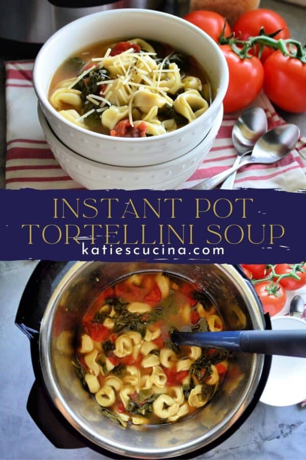 Two photos of tortellini soup split by text for Pinterest.