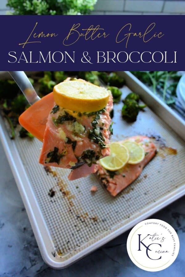 Orange spatula with a slice of salmon and lemon with recipe title text on image for Pinterest.