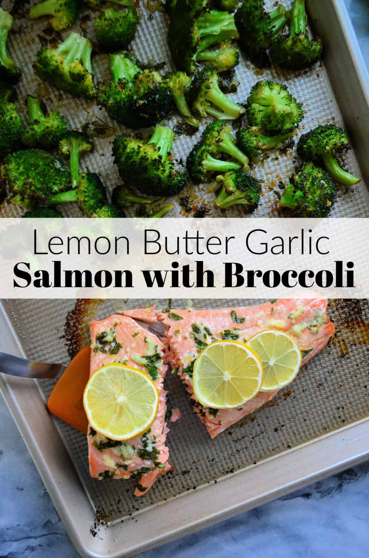 top view of salmon on a baking sheet topped with lemon wheels next to roasted broccoli.