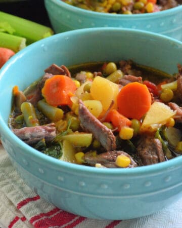 Bowl of Instant Pot Vegetable Beef Soup with fresh carrots and celery in background.