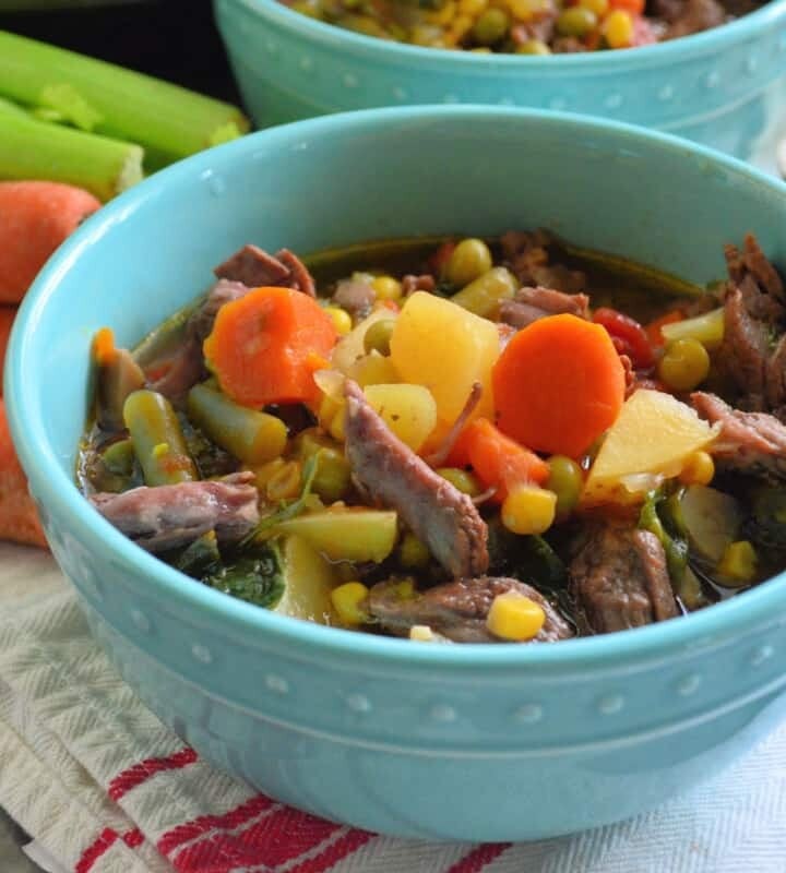 Bowl of Instant Pot Vegetable Beef Soup with fresh carrots and celery in background.