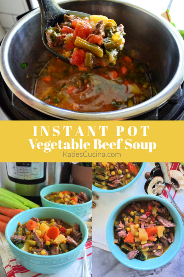 Vegetable Beef Soup collage with title text for pinterest.