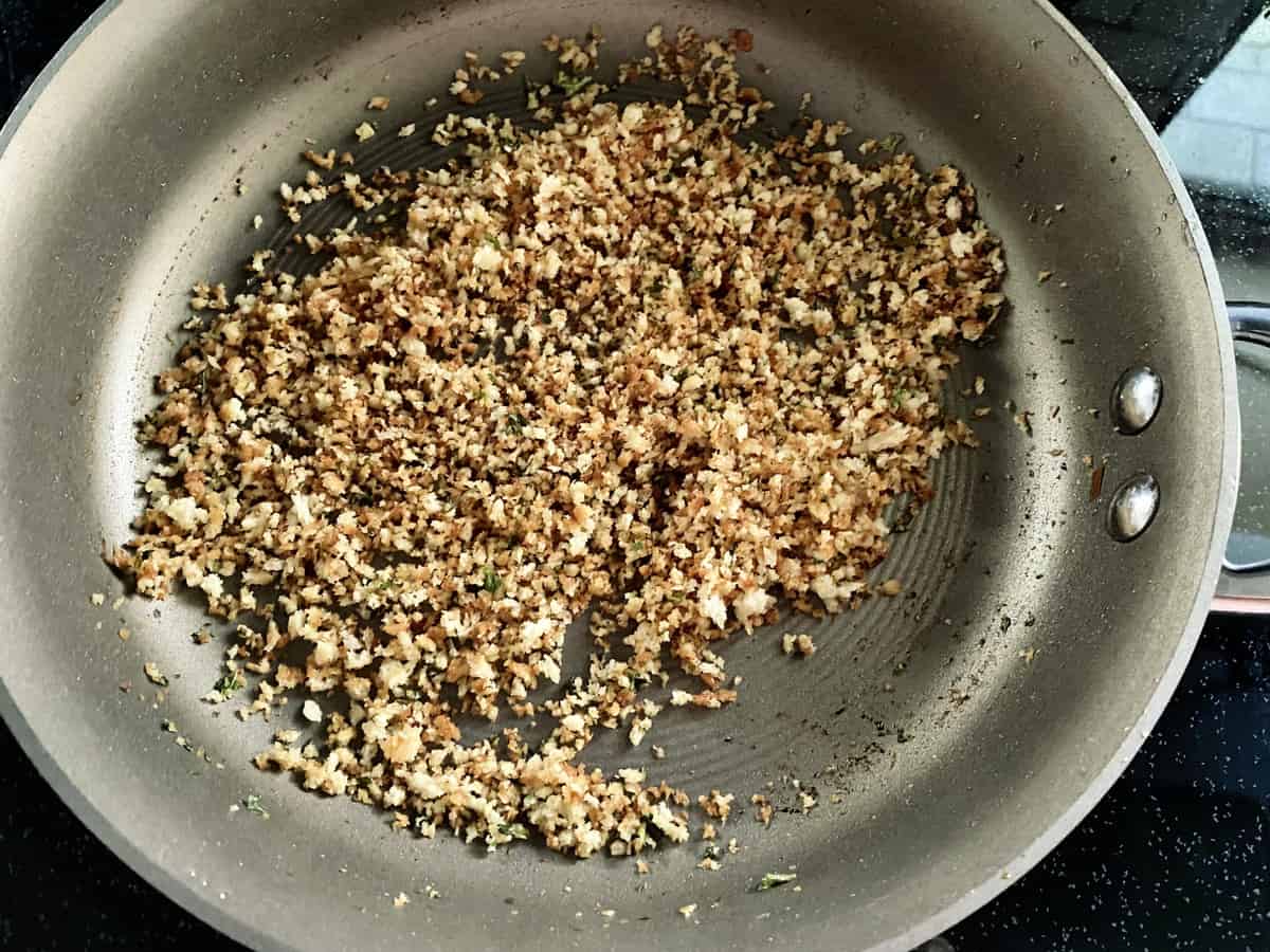 pan with browning panko bread crumbs.