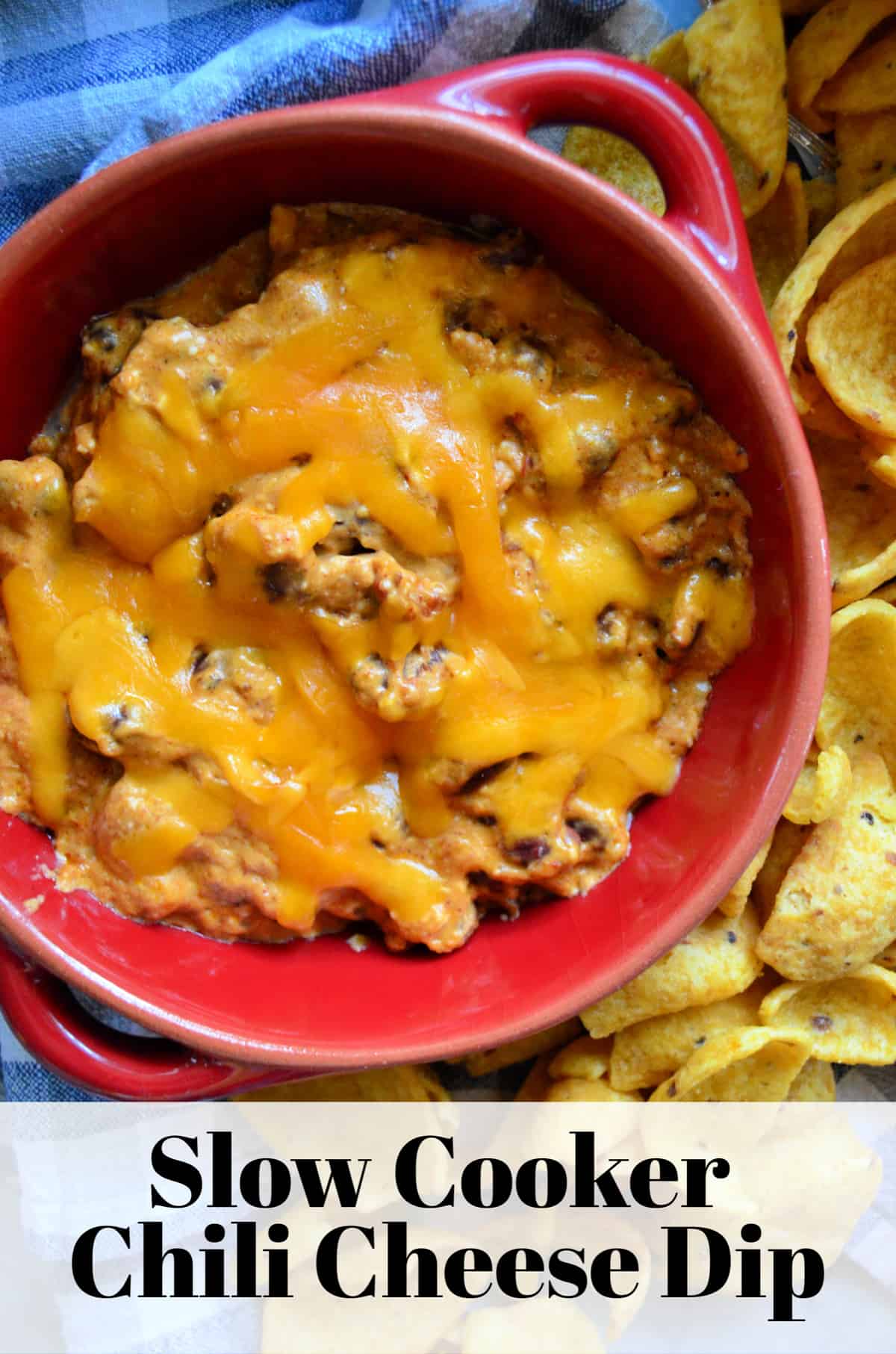 closeup of melted cheese over orange meaty sauce in small bowl next to fritos with title text.