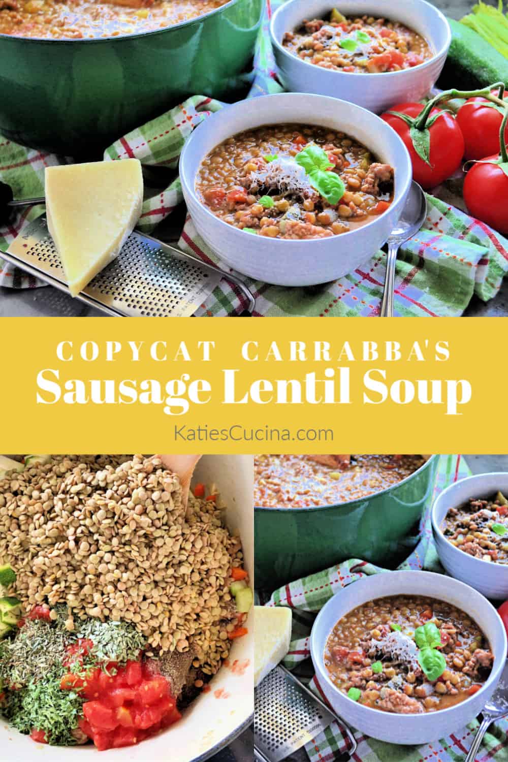 3 collage photo with title text of Copycat Carrabba's Sausage Lentil Soup Recipe