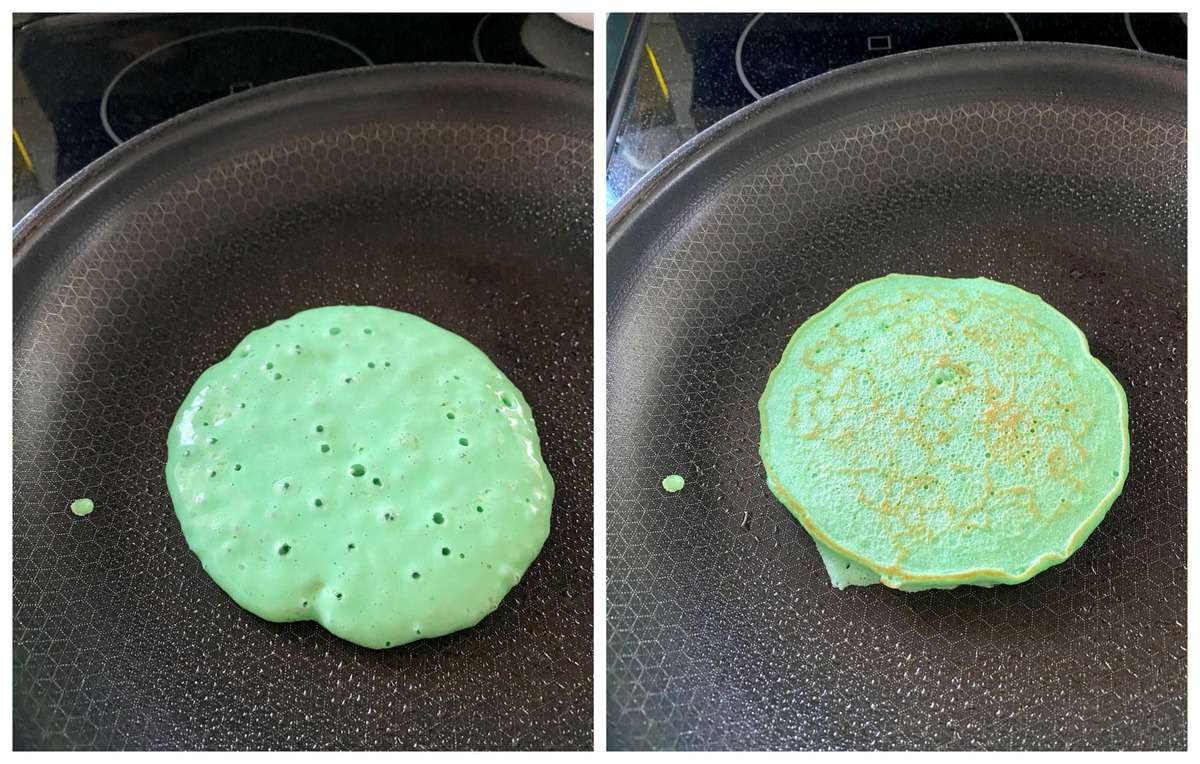 2 process photos of green pancake in pan with flipped and not flipped version.