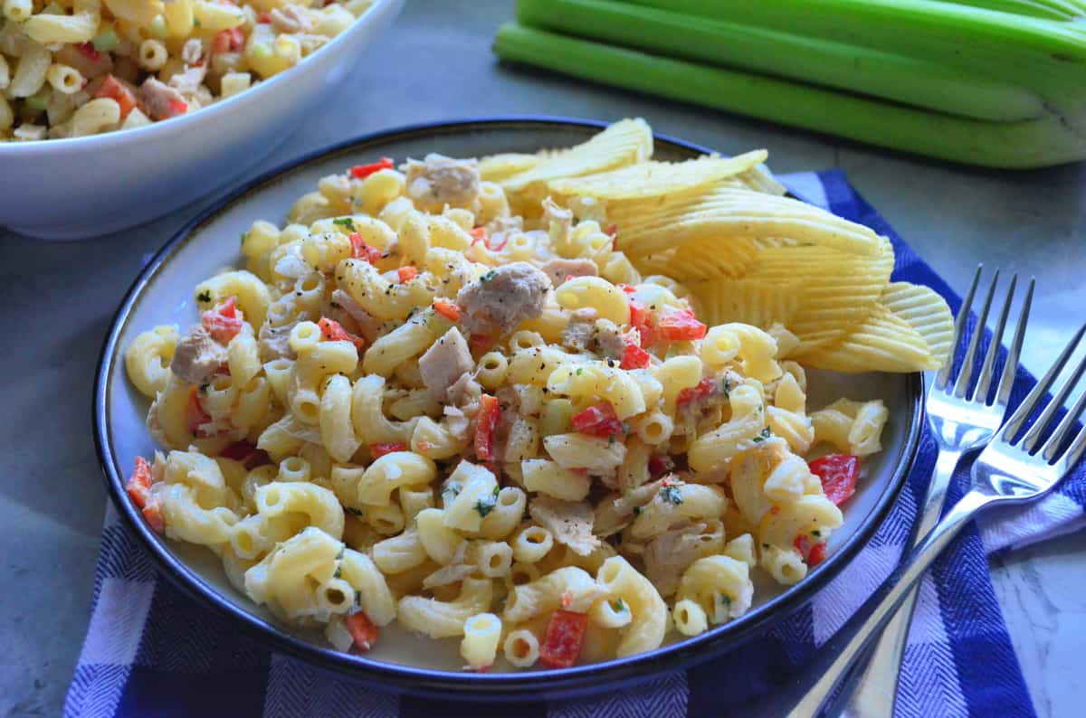 Side View Macaroni and Tuna Fish Salad served with Potato Chips placed decoratively near celery.