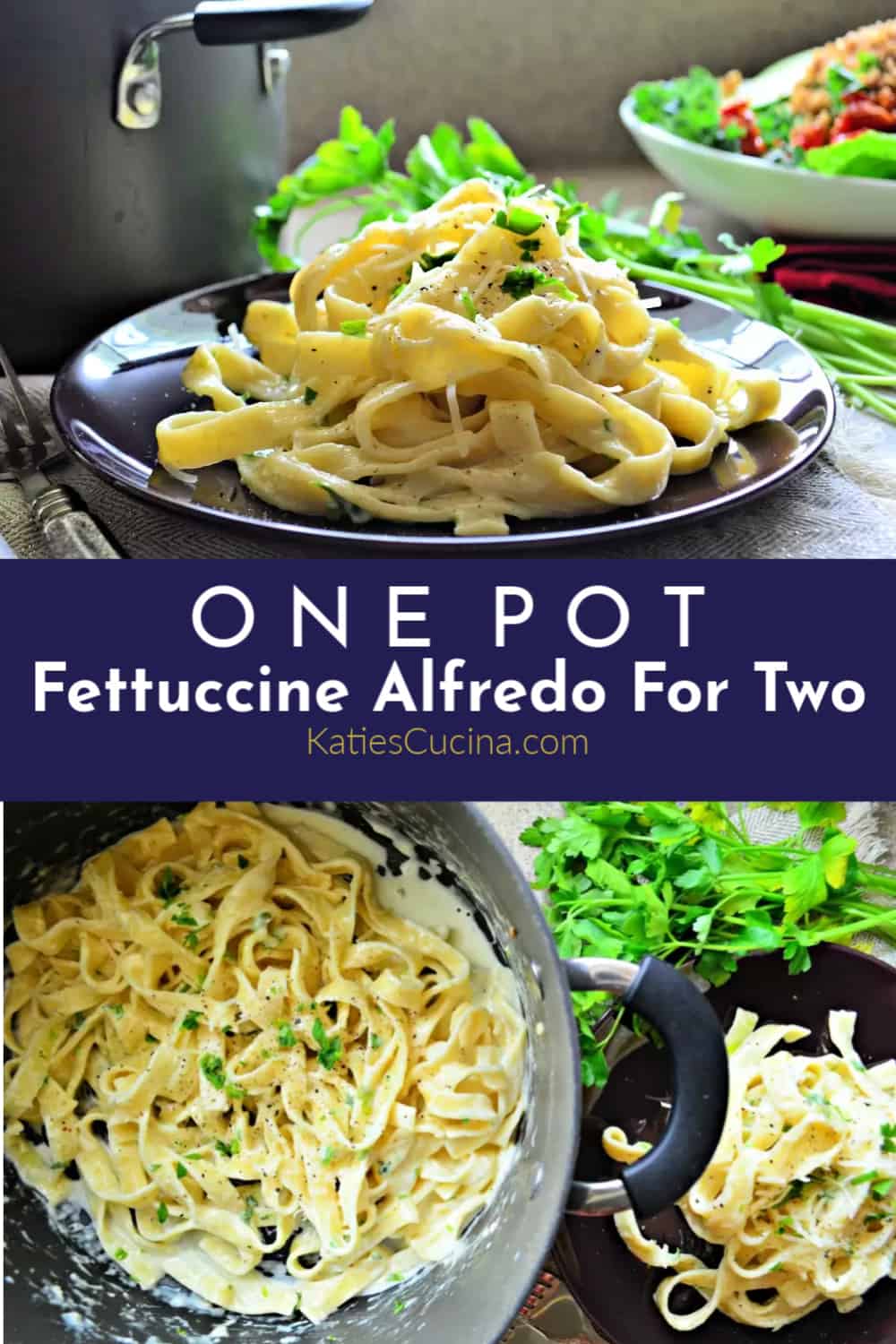 One Pot Fettuccine Alfredo For Two photo collage with text